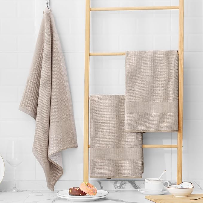 Homaxy Premium Kitchen Towels(18”x 28”, 12 Pack), Large Cotton Kitchen Hand Towels, Flat and Terry Dish Towels, 380 GSM Highly Absorbent Tea Towel Set with Hanging Loop, Khaki