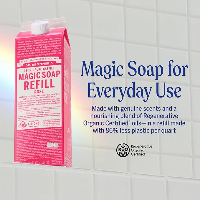 Dr. Bronner's Magic Soap-Pure-Castile Liquid Soap Refill (Rose 32 ounce, 2-Pack)-Regenerative Organic Certified Oils, For Body, Hair, Laundry, Pets & Dishes, Concentrated, Vegan, Non-GMO