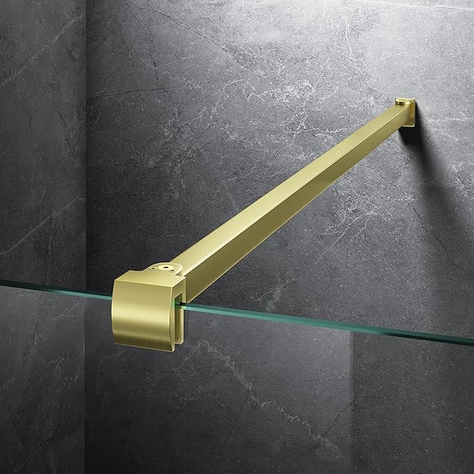 Frameless Shower Door Support Bar, Stainless Steel Wall-to-Glass Support Arm to Fixed Shower Glass Panel, for 1/4"-3/8" (6-10 mm) Door, 180° Pivot & Stow-Flat Mode (Brushed Gold, 27.6-inch(700mm))