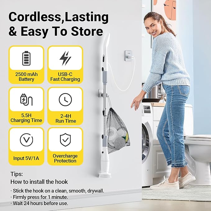 Electric Spin Scrubber, Cordless Cleaning Brush Shower Scrubber Up to 550 RPM with 9 Replaceable Brush Heads, Bathroom Scrubber Adjustable Extension Handle for Cleaning Bathroom Kitchen(Grey)