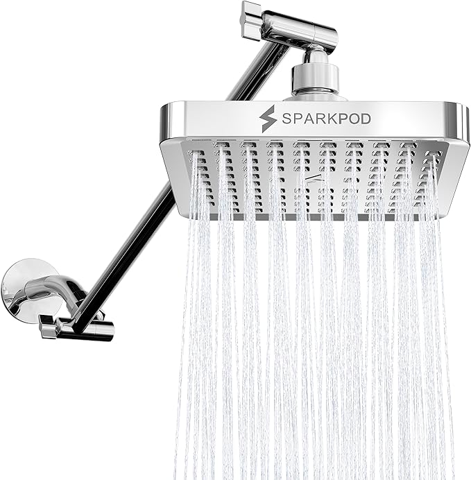 SparkPod Square Rain Shower Head with Shower Head Extension Arm - High Pressure Rain - Luxury Modern Look - No Hassle Tool-less 1-Min Installation (16" Shower Arm Extension, Luxury Polished Chrome)