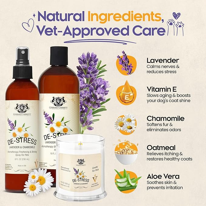 Dog Shampoo and Conditioner Aromatherapy Pet Bundle Set Itchy Skin Relief - De-Stress Dog Grooming Bundle with Dogs Calming Spray Scent Mist, and Pet Odor Eliminator Candle - Lavender & Chamomile