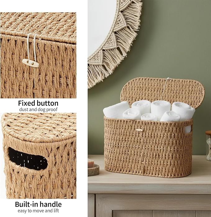 Toilet Paper Basket with Lid,Paper Rope Decor Basket for Bathroom Organizers and Storage,Holds Up to 6 Mega Rolls,Decorative Hand-Woven Bathroom Bedroom Living Room Decor
