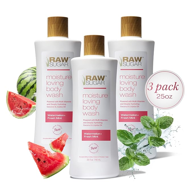 RAW SUGAR Moisture Loving Body Wash - Watermelon + Fresh Mint, Moisturizing & Refreshing Bath & Shower Gel, Sulfate-Free, Paraben-Free & Vegan (Pack of 3)