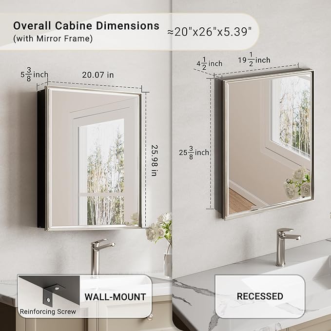 20''x 26'' Brushed Nickel Medicine Cabinet, Recessed or Surface Framed Medicine Cabinet with Beveled Mirror Pre-Assembled, Reversible Bathroom Storage Vanity Cabinet with Adjustable Shelves