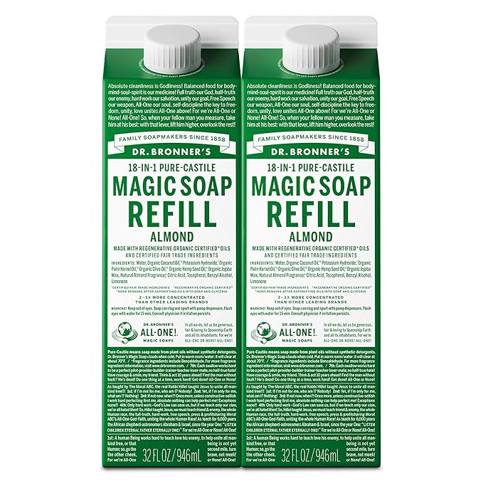 Dr. Bronner's Magic Soap Pure-Castile Liquid Soap Refill - Made with Regenerative Organic Certified Oils - 18-in-1 Uses for Face, Body Wash, Hand Soap Refill, Vegan Bath Soaps- Almond, 2-Pack, 32oz