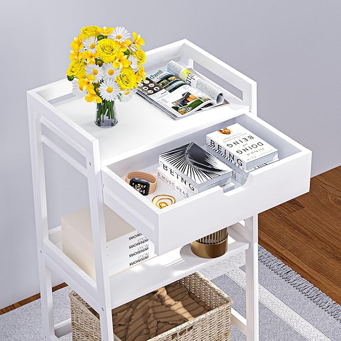 3 Tier Bamboo Bathroom Shelves with Drawer, Ladder Shelf for Bathroom Storage, Space-Saving Design, Stylish Display Nightstand, Stylish Storage Solution for Home, Living Room, Kitchen, Office
