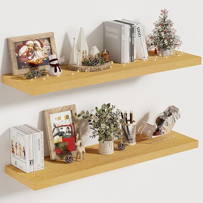 Vivelove 10" Deep Floating Shelves with Invisible Brackets, 30" Wall Shelves for Bathroom Bedroom Kitchen Living Room Laundry Room, Modern Rustic Shelves for Home Decor, 30"x10.2"x1.5", Set of 2, Oak