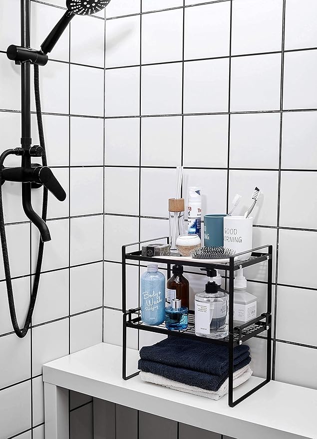 2 Pack Kitchen Cabinet Shelf Counter Organizer Rack Pantry Storage Bathroom Bedroom Office Table Desk Space Saving Steel Frame Stackable Rust Resistant Non Slip Black