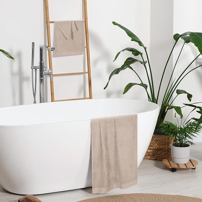 Ultra Soft 3 Pack Cotton Towel Set, Contains a Bath Towels 28x55 inch, a Hand Towels 16x24 inch & a Wash Coths 12x12 inch, Ideal Everyday use, Compact & Lightweight - Tan
