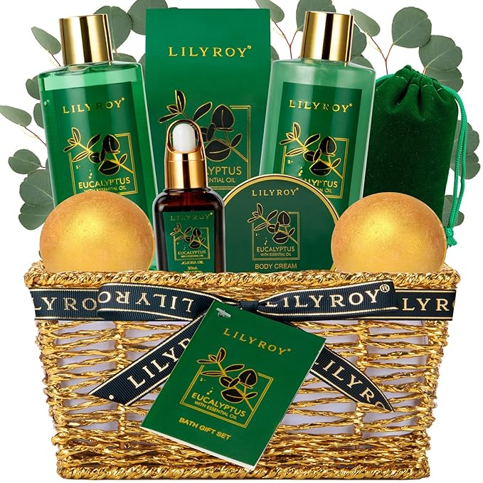 Bath and Body Gift Basket for Christmas - 10-Piece Eucalyptus Luxury Spa Set for Women & Men, Relaxation Ideal for Mothers Day, Father’s Day, Birthday with Shower Gel & More for Her & Him