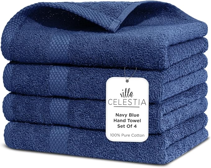 100% Cotton Hand Towel Set of 4, (16 x 28 inches) Sustainable, Soft, Highly Absorbent, Quick Drying, Combed Cotton Hand Towels Pack of 4 Ideal for Hotels, Spa, Bathroom, Dorm, Navy Blue