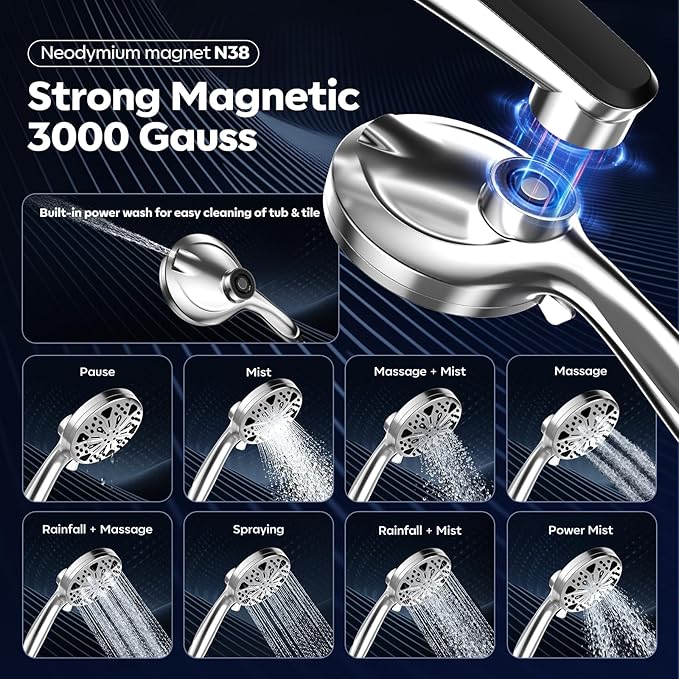 Shower Head with filtered Handheld High Pressure daul Shower Heads with Handheld Spray Combo and 10 Sprays Handheld Shower Head Detachable Shower head Built-in Magnetic Docking and Power Jets Chrome