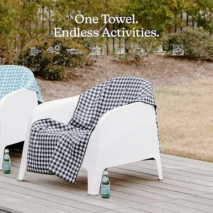 Nomadix Original Towel - Perfect for Beach, Pool, Travel, Camping, Yoga - Made with Recycled Materials - Super Absorbent - Sand Resistant - Gingham Black - 72.5x30