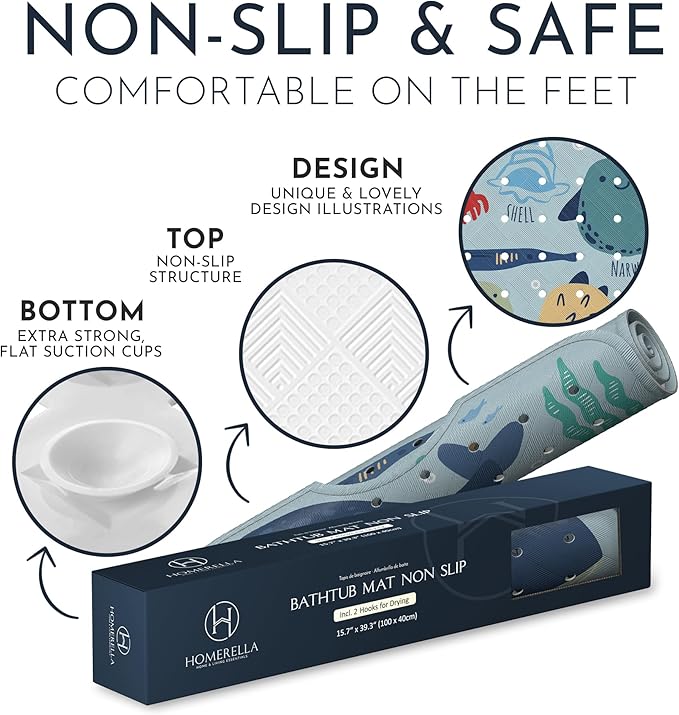 Bath Tub Mat Non Slip Anti Mold for Kids BPA Free INCL Hooks - homerella® Ocean Sea Animals 40x16, Baby Bath Mat Non Slip 200 Suction Cups, Non Toxic Machine Washable Toddler Bath Mat, EU Certified