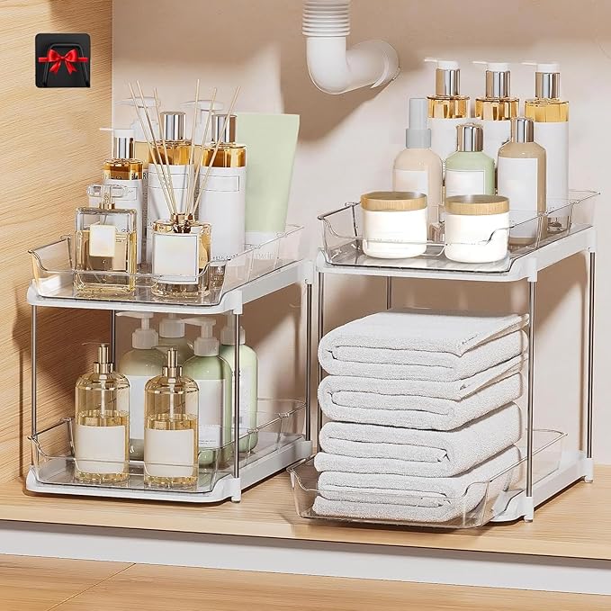 Bathroom Organizers And Storage – With Multipurpose Holder, 2 Sets of 2 Tiers Stackable Under Sink Bathroom Drawer Organizer Multi-Purpose Pantry Organizer And Kitchen Organization With Dividers
