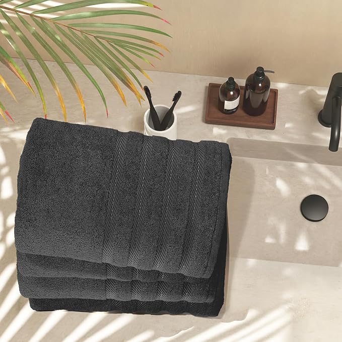 Hearth & Harbor Bath Towels for Bathroom - 100% Ring Spun Cotton Luxury Bathroom Towels - Soft & Highly Absorbent 4 Bath Towels, Black