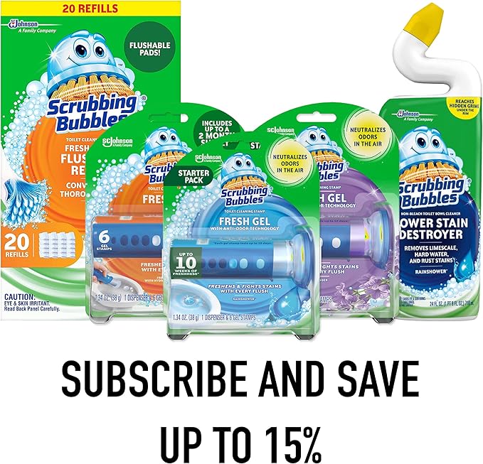 Scrubbing Bubbles Fresh Gel Toilet Bowl Cleaning Stamps, Helps Keep Toilet Clean and Helps Prevent Limescale & Rings, Rainshower Scent, 1 Dispenser with 24 Fresh Gel Stamps
