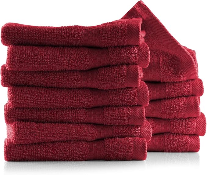 Hearth & Harbor Washcloths 12 Pack - 100% Cotton Washcloth for Body and face, High Absorbent and Soft 13"x13" Body Wash Cloth, Quick Dry - Red Washcloths