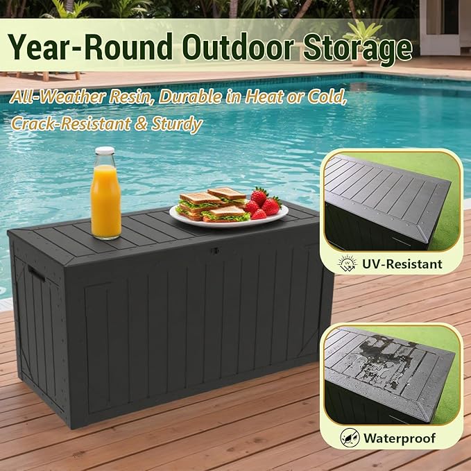 TARKARI 100 Gallon Lockable Resin Deck Box, Waterproof & UV-Resistant Outdoor Storage Box for Outdoor Cushion Storage, Garden Tools & Pool Accessories Storage, Black