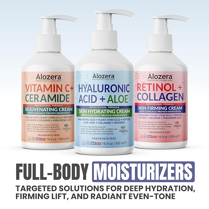 Alozera Hyaluronic Acid Body Lotion with Aloe & Stem Cells, Daily Moisturizing Lotion for Dry, Sensitive Skin Hydration, Non-Greasy, Lightweight Moisturizer, Fragrance-Free, 16.9 oz