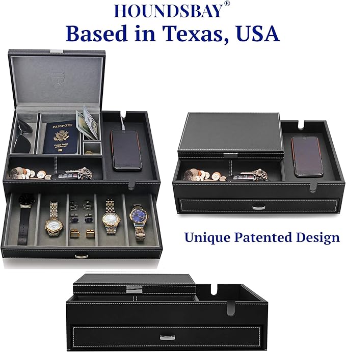HOUNDSBAY Admiral Dresser Valet Box & Mens Jewelry Box Organizer with Large Smartphone Charging Station (Grey)