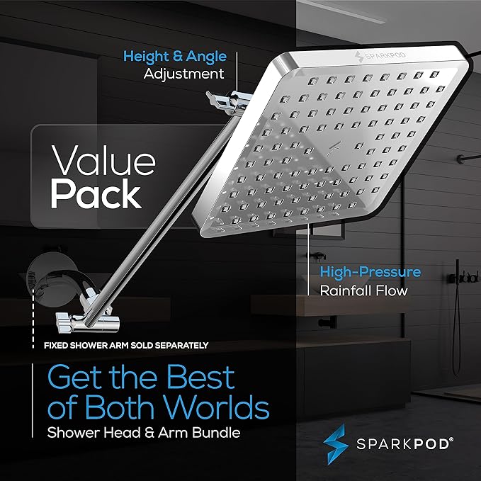 SparkPod Square Rain Shower Head with Extension Arm - Height Adjustable Shower Head with High Pressure Performance - Easy 1-Minute Installation (16" Arm Extension, Luxury Polished Chrome)