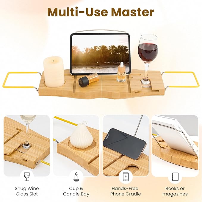 Bamboo Bathtub Tray Expandable Bathroom Tray for Home Spa Relaxation, Wooden Tray Caddy for Bathtub, Bamboo Bathtub Caddy as Unique Housewarming, Birthday, Wedding Shower Gifts.