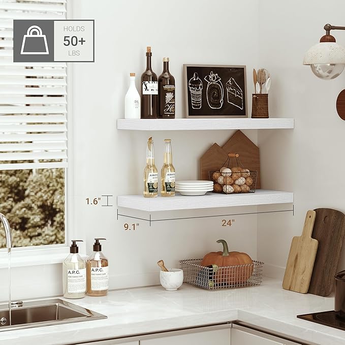 Vivelove Floating Shelves for Wall 24 inchs Long, 9.1” deep x 1.6” Wall Shelf for Bedroom, Bathroom, Living Room, Kitchen, Office Home Decor, Deep Wood Shelves with Invisible Brackets, Set of 2 White