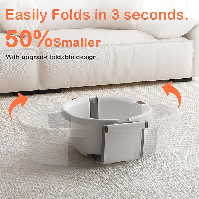 Collapsible Baby Bathtub - Large Baby Bath Tub with Thermometer & Cushion | Travel Portable Newborn Infant Bathtub | Foldable Toddler Bathtub for Baby 0 to 36 Months (Grey)
