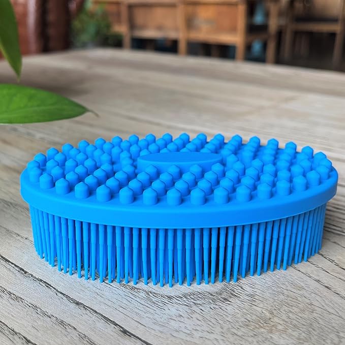 Premium Sensory Brush for Kids or Autism,Soft Silicone Body Scrubber,2 in 1 Sensory Room Occupational Therapy Sensory Brushes,Silicone Loofah,Pet Shower Brush Bath Brush Shampoo Brush(Oval-Navy Blue)