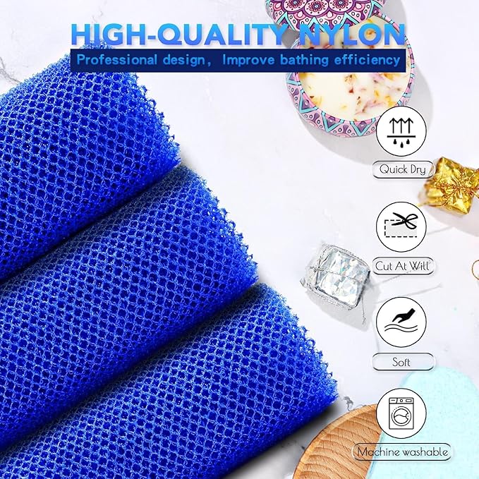 UJFQBH 3 Pieces African Bath Sponge African Net Long Net Bath Sponge Exfoliating Shower Body Scrubber Back Scrubber Skin Smoother,Great for Daily Use (Blue)