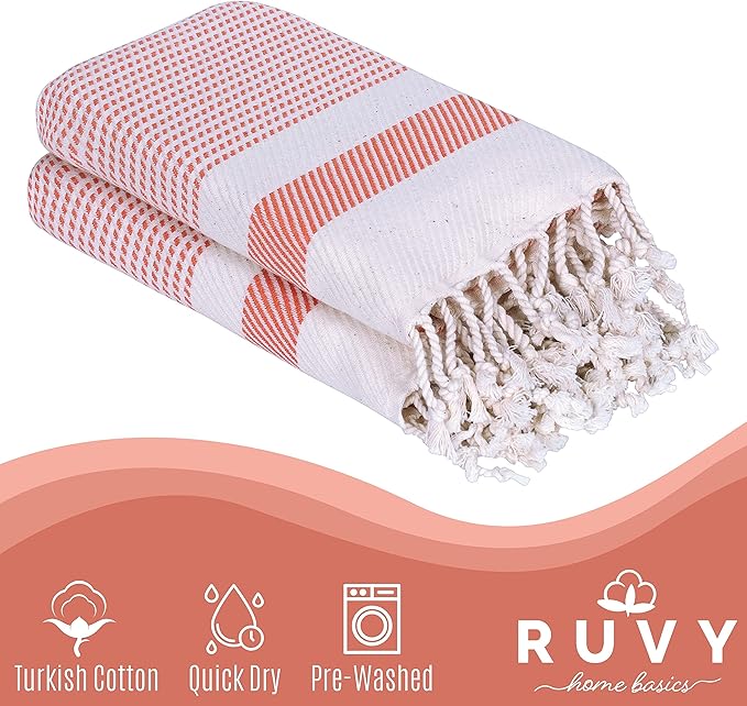 Ruvy Home Basics Turkish Hand Towels for Bathroom Set of 2 | 18"x40", Cotton | Decorative Towel for Bathroom, Kitchen, Dishcloth, Tea, Yoga, Face, Gym - Orange