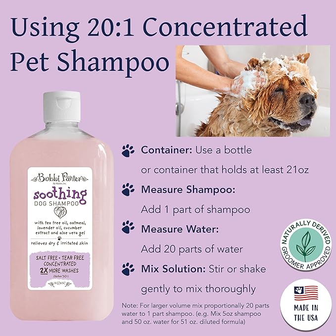 Bobbi Panter Soothing Dog Shampoo, Heals & Soothes Irritated Skin, Lavender Scent - 30:1 Concentrated Formula, Made in The USA, Trusted by Professional Groomers, 14 oz.