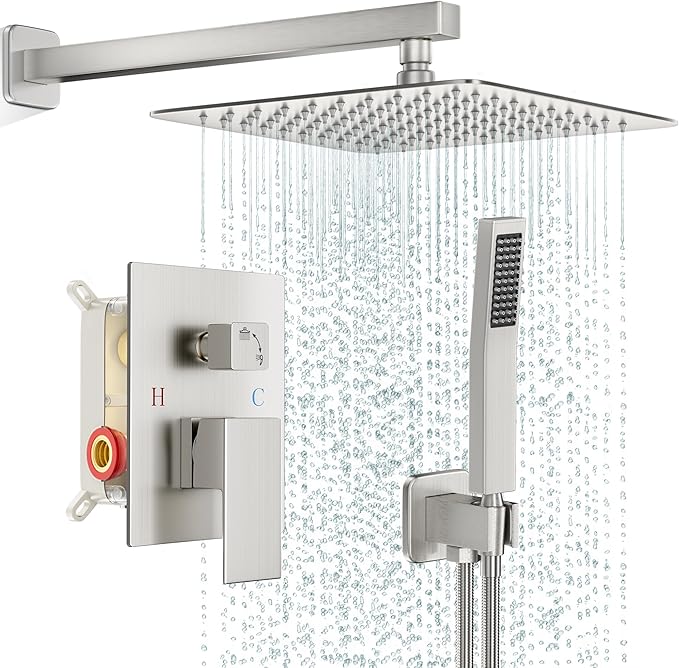 Shower Faucet Set Bathroom Square Rain Shower Head and Handle Set, Wall Mounted Shower Fixtures, Full Metal Trim Repair Kit 12 inch Brushed Nickel (With Shower Valve)