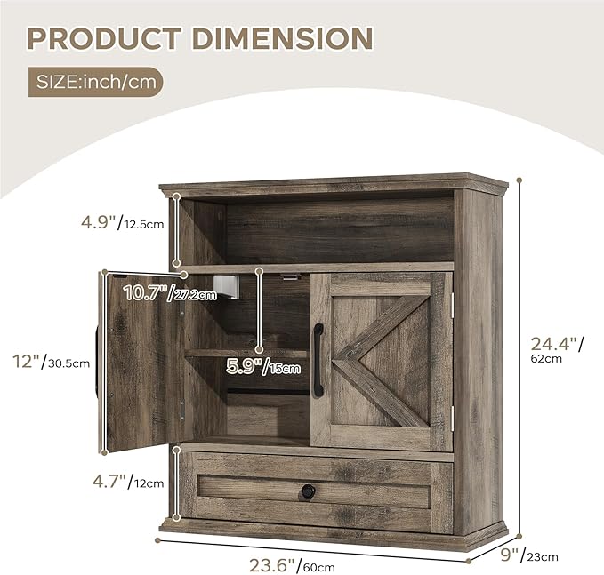 Bathroom Wall Cabinet, Wall Mounted Medicine Cabinet with Drawer, Barn Door & Adjustable Shelf, 24.4"H x 23.6"W x 9"D Grey Over Toilet Farmhouse Storage Cabinet for Kitchen, Laundry, Entryway