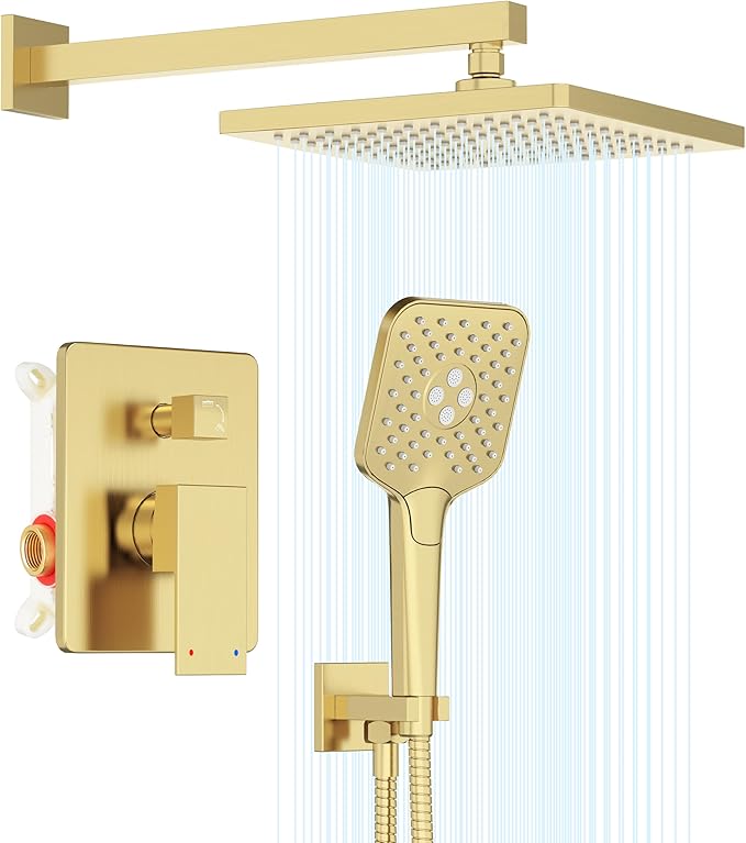 Gabrylly Shower System Gold, Wall Mounted Shower Faucet Set for Bathroom with High Pressure 10" Rain Shower head and 3-Setting Handheld Shower Head Set, 2 Way Shower Valve Kit, Brushed Gold