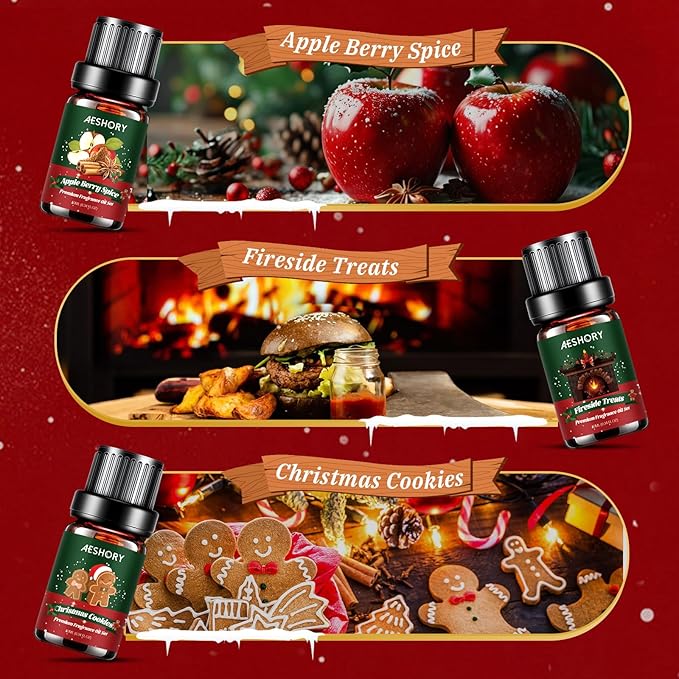 Christmas Fragrance Oil Set, 6 Premium Winter Essential Oils for Diffuser, Scented Oils Gift for Soap & Candle Making, Candy Cane, Fireside Treats, Apple Spice, Mulled Wine, White Christmas, Cookies