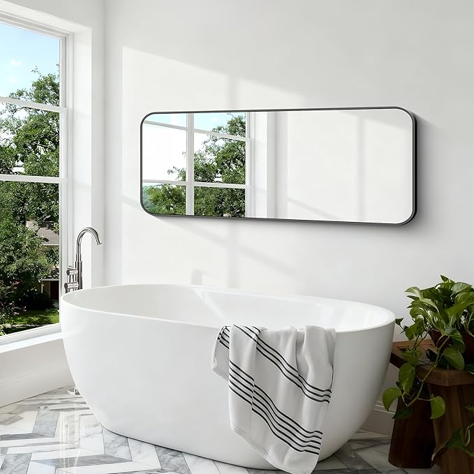 BONEWEI 24x60 inch Bathroom Mirror,Black Rectangle Mirror,Wall Mounted Bathroom Frame Vanity Mirror with Round Corner for Bedroom Living Room,Entryway Hangs Horizontal or Vertical