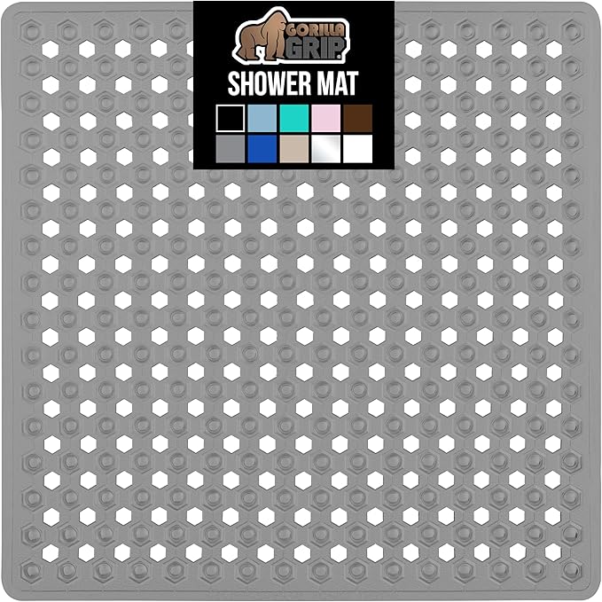 GORILLA GRIP Patented Square Shower Stall Mat, Small Bathtub Floor Mats for Stand Up Showers, Suction Cups and Drainage Holes, Machine Wash, Soft on Feet, Bathroom Accessories 21x21 Inch, Gray Opaque
