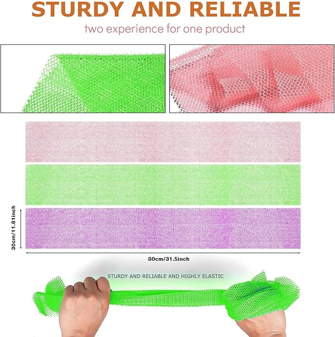 UJFQBH 3 Pieces African Bath Sponge African Net Long Net Bath Sponge Exfoliating Shower Body Scrubber Back Scrubber Skin Smoother,Great for Daily Use (Purple， Pink，Green)