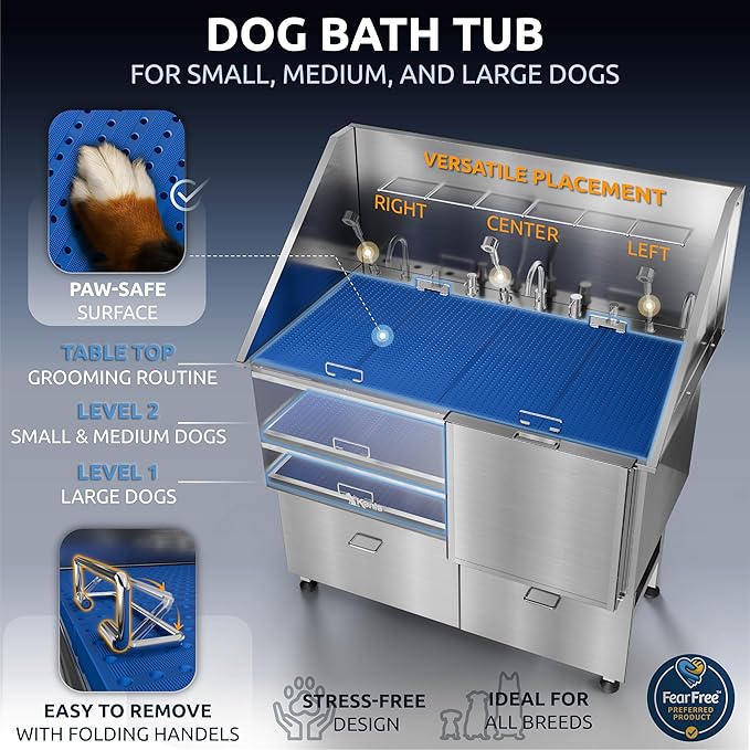KANIS Professional Dog Washing Station - 304 Stainless Steel Pet Wash Sink & Grooming Bathtub w/Shower, Floor Grates and Storage for Large, Medium & Small Pets (50", 2 Drawers - Right Ramp)