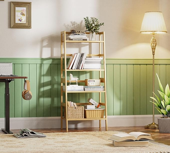 HITNET Ladder Shelf, 4-Tier Bookshelf, Bamboo Leaning Bookcase, Display Storage Rack Organizer, Freestanding Flower Plant Stand for Living Room, Home Office, Kitchen, Natural