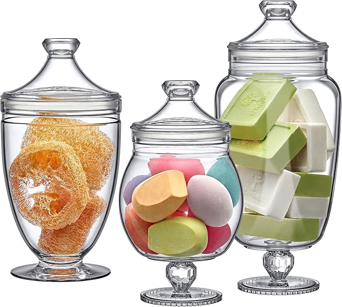 Amazing Abby - Admire - Plastic Apothecary Jars (3-Piece Set, 60/46/40 oz) (NOT Glass), Acrylic Jars with Lids, Bathroom Canisters, Candy Buffet, Wedding Display, BPA-Free and Shatter-Proof