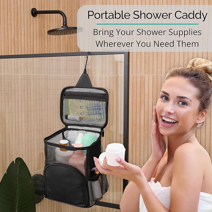 Original Portable Shower Caddy For College Dorms - Foldable Mesh Tote - Dorm Room Essentials - Durable Hanging Travel Shower Bag - Perfect for College Students, Men, Women (Black)