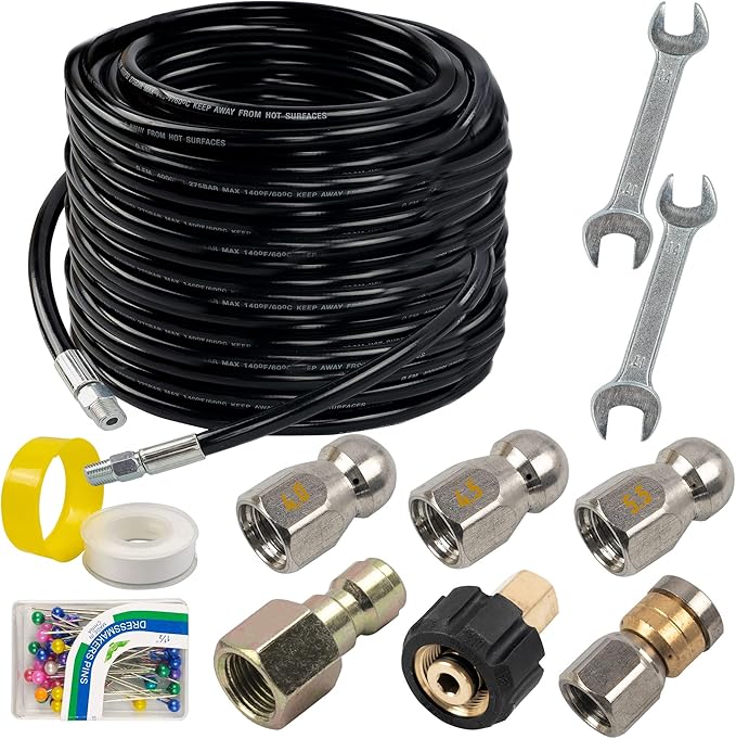Hourleey Sewer Jetter Kit for Pressure Washer 100FT, Drain Cleaner Hose 1/4 Inch NPT, Orifice 4.0 Button Nose and Rotating Sewer Jetting Nozzle Spanner Tape Pearl Corsage Pin, 4000 PSI