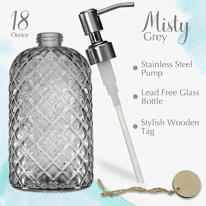 JASAI 18Oz Gray Glass Soap Dispenser with Rust Proof Pump, Refillable Kitchen soap Dispenser for Dish Soap, Bathroom Soap Dispenser for Dispense Hand soap, Lotion.