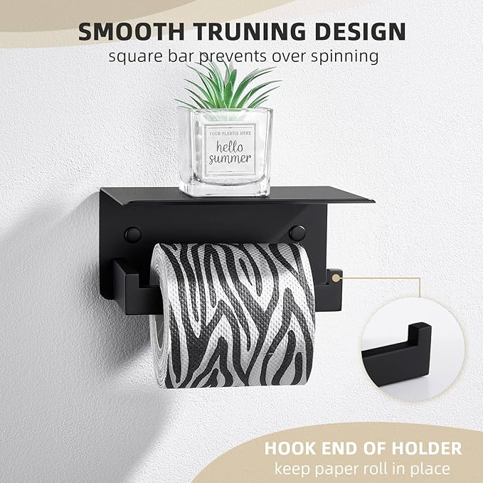 Angle Simple Toilet Paper Holder with Shelf Matte Black, 304 Stainless Steel Lavatory Tissue Roll Holder for Wall