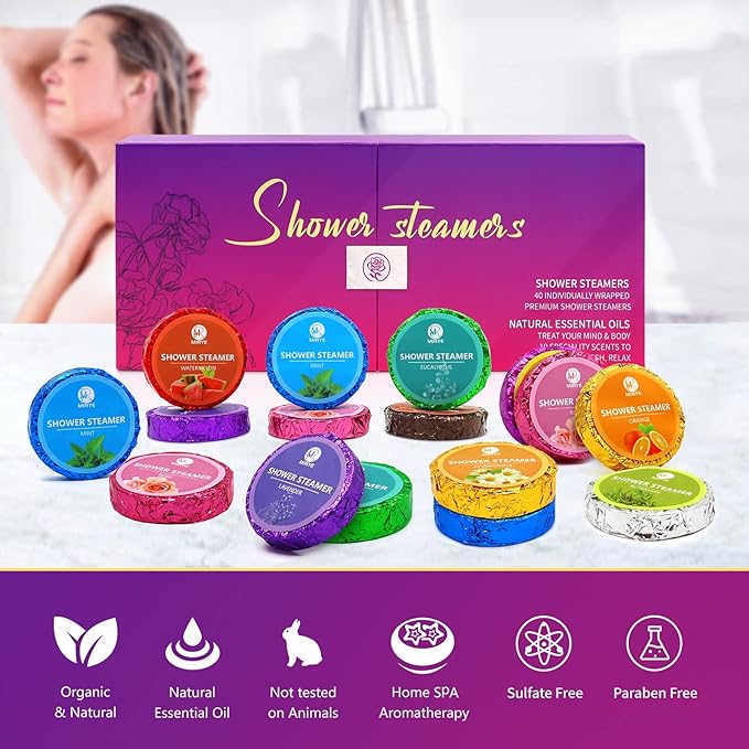 40 PCS Shower Steamers Aromatherapy for Women or Men, 10 Scent Shower Bomb Organic with Natural Essential Oil Relaxation, White Elephant Gifts Birthday Christmas Stocking Stuffers for Her Him