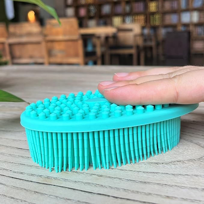 Premium Sensory Brush for Kids or Autism,Soft Silicone Body Scrubber,2 in 1 Sensory Room Occupational Therapy Brushes,Silicone Loofah,Pet Shower Brush Bath Shampoo Brushes(hangable-Oval-Teal)